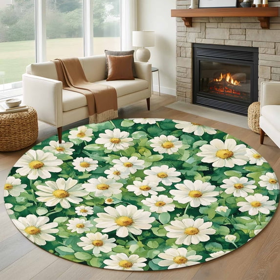 Round Area Rug 5ft,Spring Flower Leaf White Daisy Washable Carpet Non-Slip Runner Accent Rugs Indoor Floor Mat for Bedroom Living Room Decor,Blossom Floral Watercolor