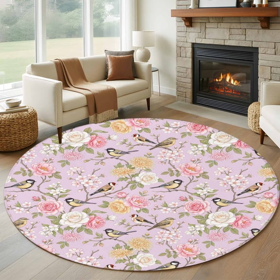 Round Area Rug 5ft Spring Flowers Bird Circle Kitchen Mats Non-Slip Leaves Branch Pink Washable Round Carpet for Kitchen Living Room Bedroom Home Decor