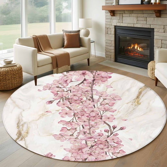 Round Area Rug 5ft Spring Pink Cherry Blossoms Area Rugs Washable Low Pile Floor Carpet for Bedroom, Abstract Marble Textures Non Slip Soft Rugs for Living Room Entryway Dining Room