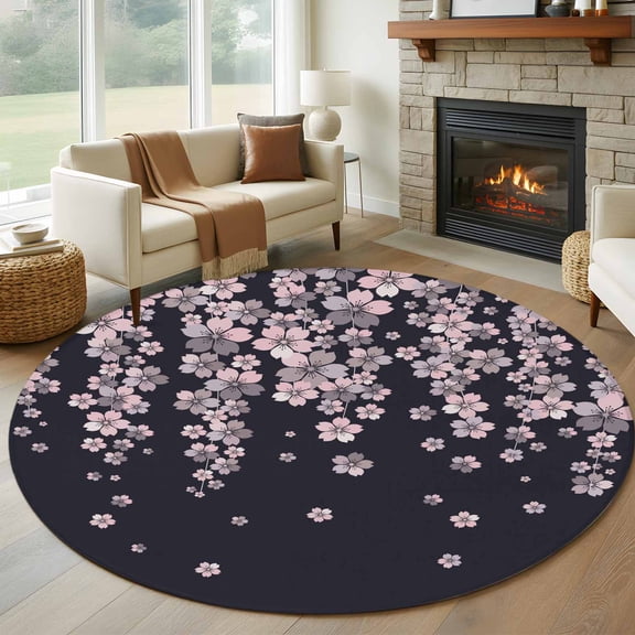 Round Area Rug 5ft, Spring Pink Cherry Blossoms Flower Non-Slip Non-Shedding Floor Mat, Blossom Floral on Black Washable Sturdy Carpet for Living Room Bedroom Home Decor