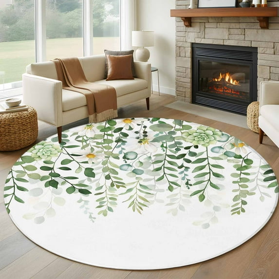 Round Area Rug 5ft,Spring Summer Succulent Eucalyptus Leaves Washable Carpet Non-Slip Runner Accent Rugs Indoor Floor Mat for Bedroom Living Room Decor,Sage Green White