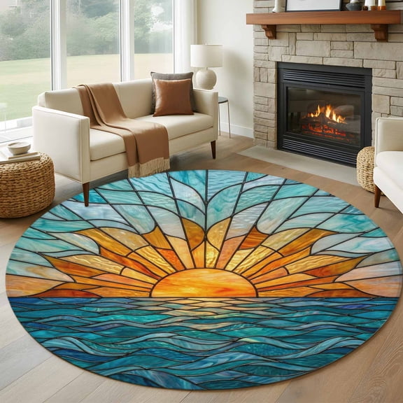 Round Area Rug 5ft Stained Glass Sunset Area Rugs Washable Low Pile Floor Carpet for Bedroom, Ocean Waves Landscape Non Slip Soft Rugs for Living Room Entryway Dining Room