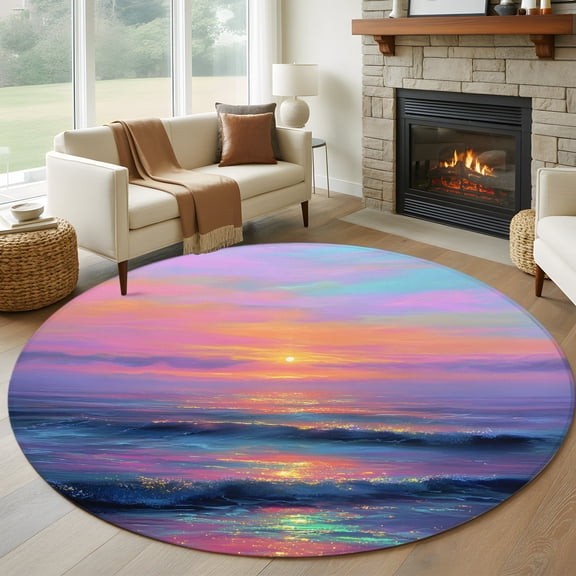 Round Area Rug 5ft Summer Beach Coastal Sunset Scene Area Rugs Washable Low Pile Floor Carpet for Bedroom, Abstract Watercolor Sea Wave Non Slip Soft Rugs for Living Room Entryway Dining Room