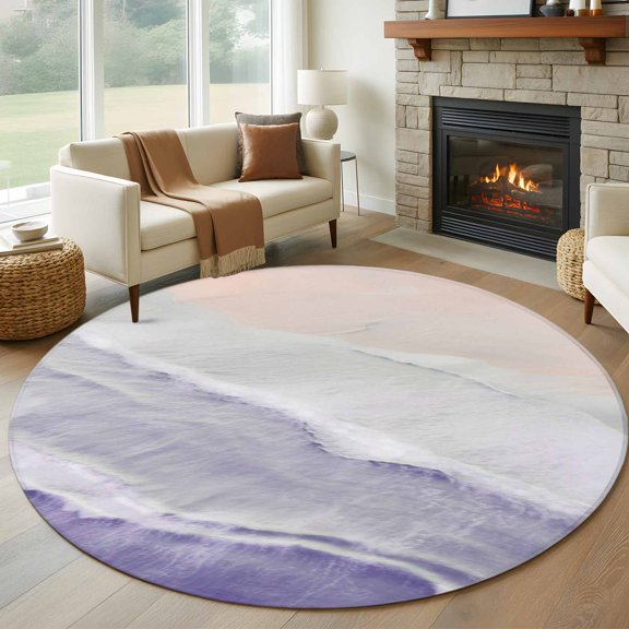 Round Area Rug 5ft Summer Beach Sand Waves Purple Gradient Area Rugs Washable Low Pile Floor Carpet for Bedroom, Water Ripple Non Slip Soft Rugs for Living Room Entryway Dining Room