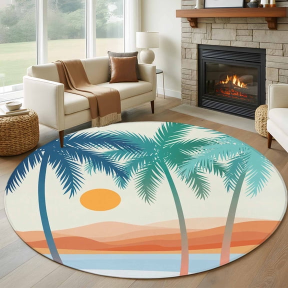 Round Area Rug 5ft Summer Boho Coconut Trees Sunset Area Rugs Washable Low Pile Floor Carpet for Bedroom, Abstract Seaside Beach Non Slip Soft Rugs for Living Room Entryway Dining Room