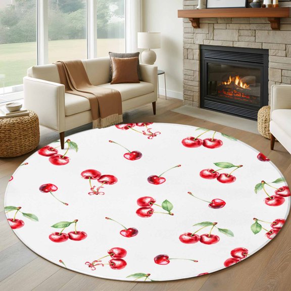 Round Area Rug 5ft,Summer Cherry Red Watercolor Washable Carpet Non-Slip Runner Accent Rugs Indoor Floor Mat for Bedroom Living Room Decor,Farm Fruit Harvest