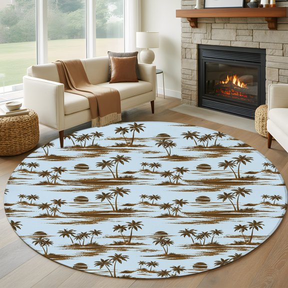 Round Area Rug 5ft Summer Coconut Tree Beach Sun Area Rugs Washable Low Pile Floor Carpet for Bedroom, Retro Blue Non Slip Soft Rugs for Living Room Entryway Dining Room