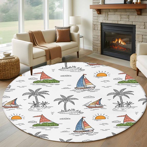 Round Area Rug 5ft,Summer Coconut Tree Sailboat Washable Carpet Non-Slip Runner Accent Rugs Indoor Floor Mat for Bedroom Living Room Decor,Sun Cloud Cartoon Style