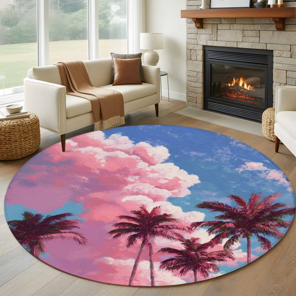 Round Area Rug 5ft, Summer Dreamy Pink Cloud Non-Slip Non-Shedding Floor Mat, Tropical Plant Palm Tree Washable Sturdy Carpet for Living Room Bedroom Home Decor