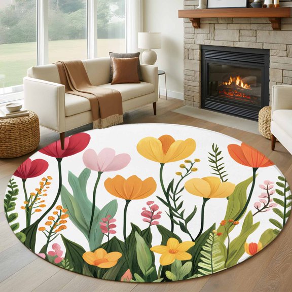 Round Area Rug 5ft,Summer Flower Tulip Green Leaf Washable Carpet Non-Slip Runner Accent Rugs Indoor Floor Mat for Bedroom Living Room Decor,Farm Plant Cartoon Style