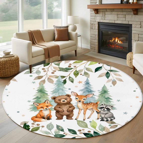 Round Area Rug 5ft Summer Forests Bear Fox Area Rugs Washable Low Pile Floor Carpet for Bedroom, Star Pine Tree Leaves Non Slip Soft Rugs for Living Room Entryway Dining Room