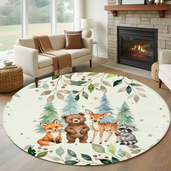 Round Area Rug 5ft, Summer Forests Bear Fox Raccoon Non-Slip Non-Shedding Floor Mat, Pine Tree Leaves on Green Washable Sturdy Carpet for Living Room Bedroom Home Decor