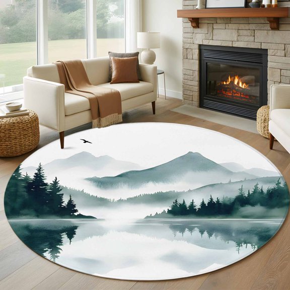 Round Area Rug 5ft Summer Gradient Lake Tree Forest Area Rugs Washable Low Pile Floor Carpet for Bedroom, Country Landscape Painting Non Slip Soft Rugs for Living Room Entryway Dining Room
