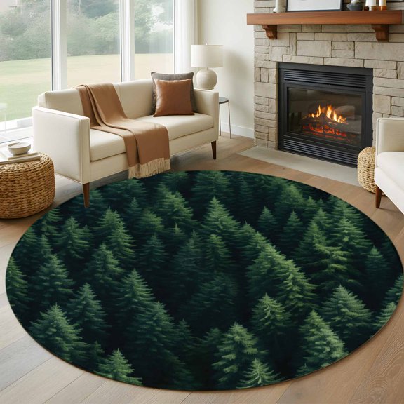 Round Area Rug 5ft Summer Green Forest Plant Area Rugs Washable Low Pile Floor Carpet for Bedroom, Botanical Pine Tree Non Slip Soft Rugs for Living Room Entryway Dining Room