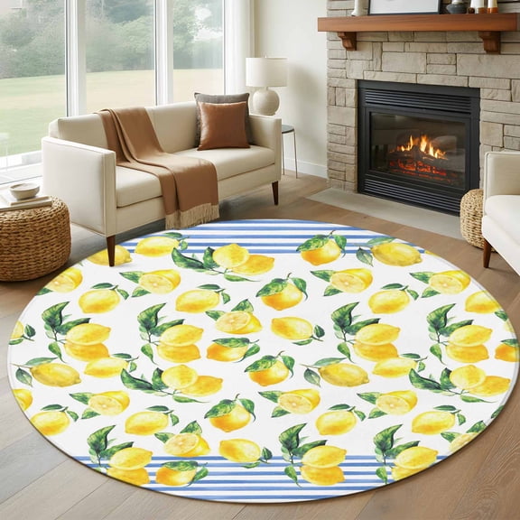 Round Area Rug 5ft Summer Lemon Blue Stripes Area Rugs Washable Low Pile Floor Carpet for Bedroom, Pastoral Green Leaves Non Slip Soft Rugs for Living Room Entryway Dining Room