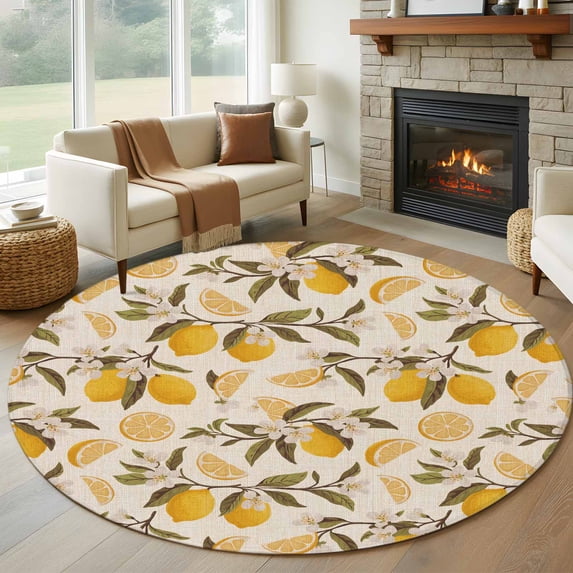 Round Area Rug 5ft,Summer Lemon Flower Leaves Washable Carpet Non-Slip Runner Accent Rugs Indoor Floor Mat for Bedroom Living Room Decor,Farm Fruit Retro Linen