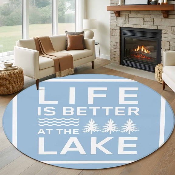 Round Area Rug 5ft Summer Life Lake Quote Area Rugs Washable Low Pile Floor Carpet for Bedroom, White Stripe Blue Back Non Slip Soft Rugs for Living Room Entryway Dining Room