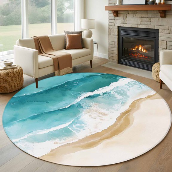 Round Area Rug 5ft Summer Nautical Beach Seaside Area Rugs Washable Low Pile Floor Carpet for Bedroom, Abstract Coastal Ocean Theme Non Slip Soft Rugs for Living Room Entryway Dining Room