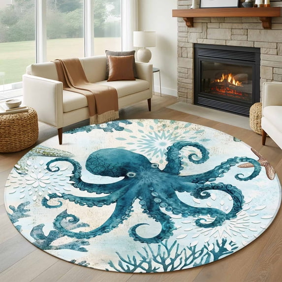 Round Area Rug 5ft,Summer Ocean Blue Octopus Starfish Coral Washable Carpet Non-Slip Runner Accent Rugs Indoor Floor Mat for Bedroom Living Room Decor,Nautical Animal