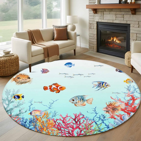 Round Area Rug 5ft Summer Ocean Fish Coral Area Rugs Washable Low Pile Floor Carpet for Bedroom, Blue Sea Underwater World Non Slip Soft Rugs for Living Room Entryway Dining Room