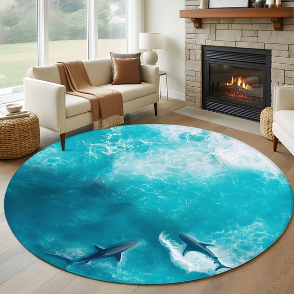 Round Area Rug 5ft Summer Ocean Shark Blue Watercolor Area Rugs Washable Low Pile Floor Carpet for Bedroom, Sea Marine Animal Non Slip Soft Rugs for Living Room Entryway Dining Room