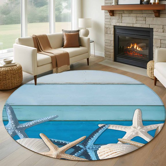 Round Area Rug 5ft Summer Ocean Starfish Shell Area Rugs Washable Low Pile Floor Carpet for Bedroom, Farmhouse Blue Gradient Wood Plank Non Slip Soft Rugs for Living Room Entryway Dining Room