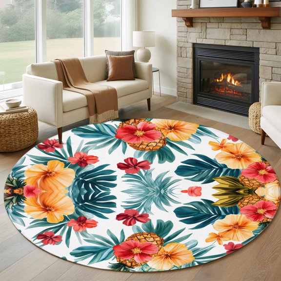 Round Area Rug 5ft Summer Pineapple Flower Area Rugs Washable Low Pile Floor Carpet for Bedroom, Tropical Palm Leaves Non Slip Soft Rugs for Living Room Entryway Dining Room