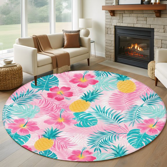 Round Area Rug 5ft Summer Pineapple Monstera Leaves Area Rugs Washable Low Pile Floor Carpet for Bedroom, Tropical Plant Pink Non Slip Soft Rugs for Living Room Entryway Dining Room