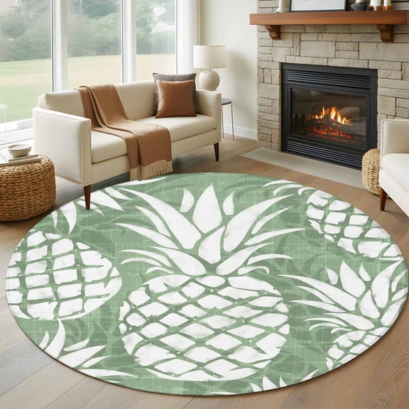 Round Area Rug 5ft Summer Pineapple Sage Green Area Rugs Washable Low Pile Floor Carpet for Bedroom, Farm Fruit Harvest Non Slip Soft Rugs for Living Room Entryway Dining Room