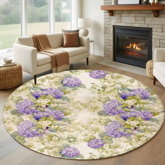 Round Area Rug 5ft Summer Purple Flower Hydrangea Area Rugs Washable Low Pile Floor Carpet for Bedroom, Bloom Floral Seamless Non Slip Soft Rugs for Living Room Entryway Dining Room