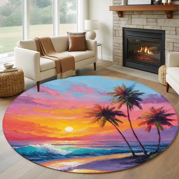 Round Area Rug 5ft Summer Sea Waves Palm Trees Area Rugs Washable Low Pile Floor Carpet for Bedroom, Watercolor Sunset Non Slip Soft Rugs for Living Room Entryway Dining Room