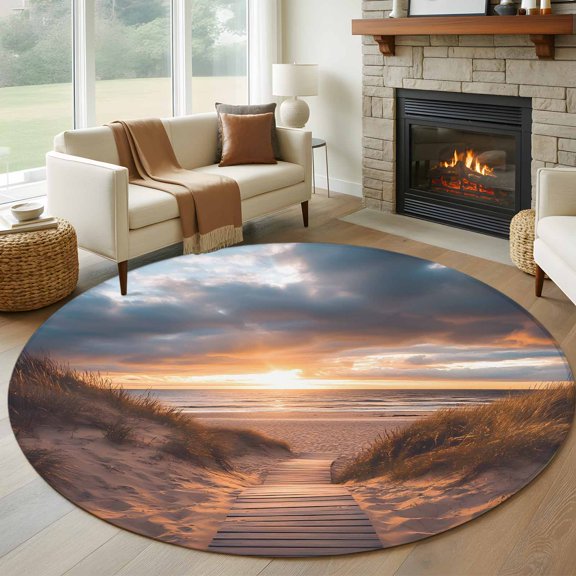 Round Area Rug 5ft Summer Seaside Beach Sunset Boardwalk Area Rugs Washable Low Pile Floor Carpet for Bedroom, Ocean Water Non Slip Soft Rugs for Living Room Entryway Dining Room