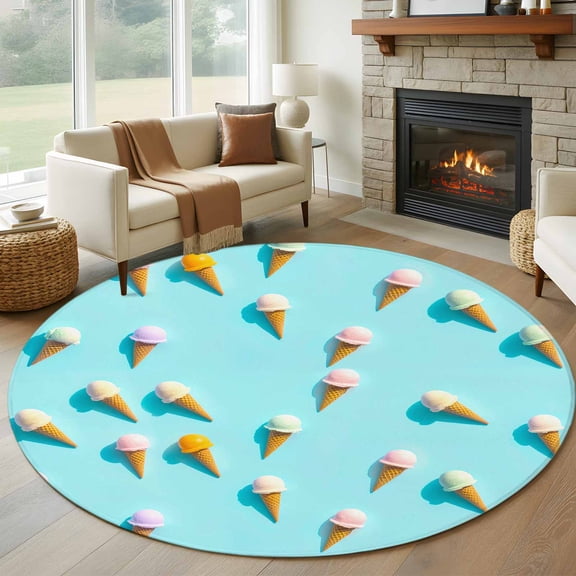 Round Area Rug 5ft, Summer Sweet Dessert on Mint Green Non-Slip Non-Shedding Floor Mat, Seamless Icy Cream Washable Sturdy Carpet for Living Room Bedroom Home Decor