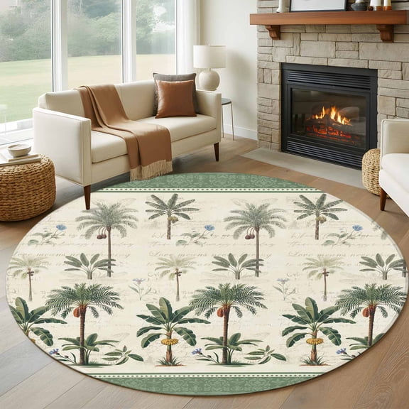 Round Area Rug 5ft Summer Tropical Palm Tree Area Rugs Washable Low Pile Floor Carpet for Bedroom, Green Border Weathered Textures Non Slip Soft Rugs for Living Room Entryway Dining Room