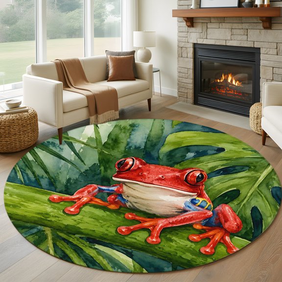 Round Area Rug 5ft Summer Tropical Red Frog Pattern Area Rugs Washable Low Pile Floor Carpet for Bedroom, Monstera Leaf Non Slip Soft Rugs for Living Room Entryway Dining Room