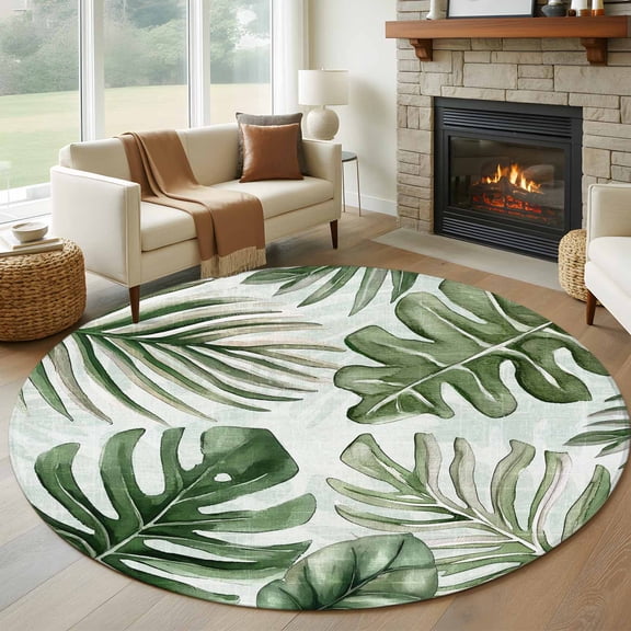 Round Area Rug 5ft Summer Tropical Sun-kissed Foliage Area Rugs Washable Low Pile Floor Carpet for Bedroom, Palm Leaves Non Slip Soft Rugs for Living Room Entryway Dining Room