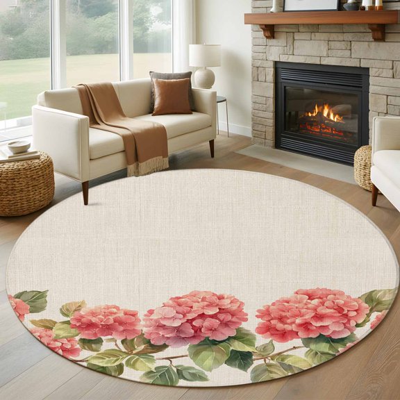 Round Area Rug 5ft Summer Watercolor Hydrangea Leaf Area Rugs Washable Low Pile Floor Carpet for Bedroom, Pastoral Floral Retro Linen Non Slip Soft Rugs for Living Room Entryway Dining Room