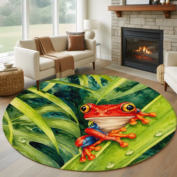 Round Area Rug 5ft Summer Wildlife Red Frog Pattern Area Rugs Washable Low Pile Floor Carpet for Bedroom, Tropical Palm Leaf Non Slip Soft Rugs for Living Room Entryway Dining Room
