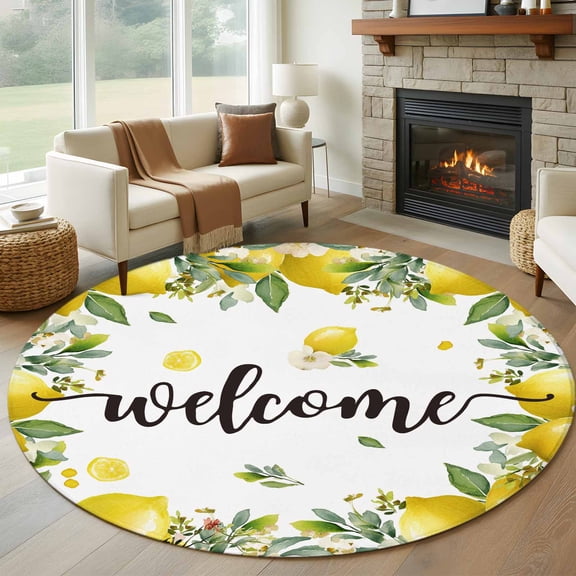 Round Area Rug 5ft Summer Yellow Lemon Welcome Quote Area Rugs Washable Low Pile Floor Carpet for Bedroom, Farmhouse Wild Flower Non Slip Soft Rugs for Living Room Entryway Dining Room