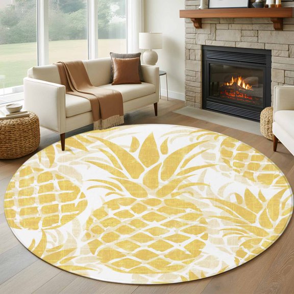 Round Area Rug 5ft Summer Yellow Pineapple Leaves Area Rugs Washable Low Pile Floor Carpet for Bedroom, Abstract Tropical Fruit Non Slip Soft Rugs for Living Room Entryway Dining Room