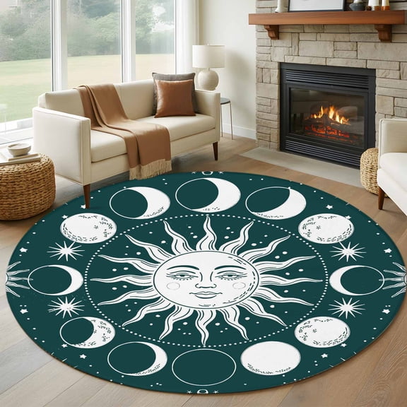 Round Area Rug 5ft Sun Moon on Green Background Area Rugs Washable Low Pile Floor Carpet for Bedroom, Starry Sky Scenery Non Slip Soft Rugs for Living Room Entryway Dining Room