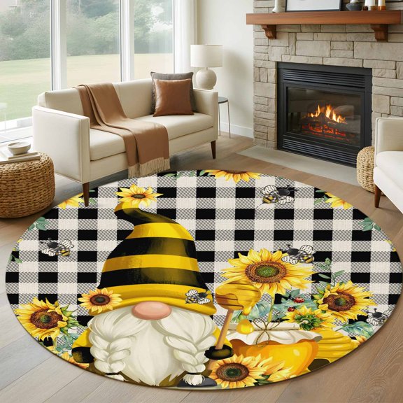 Round Area Rug 5ft Sunflower Dwarf Bee Green Leaves Area Rugs Washable Low Pile Floor Carpet for Bedroom, Black White Checkered Non Slip Soft Rugs for Living Room Entryway Dining Room