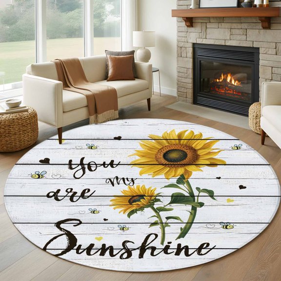 Round Area Rug 5ft My Sunshine Sunflower Quotes Area Rugs Washable Low Pile Floor Carpet for Bedroom, Farm Gray Wood Board Non Slip Soft Rugs for Living Room Entryway Dining Room