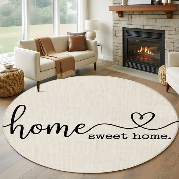 Round Area Rug 5ft Sweet Home Quote Retro Linen Area Rugs Washable Low Pile Floor Carpet for Bedroom, Modern Minimalist Style Non Slip Soft Rugs for Living Room Entryway Dining Room