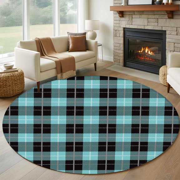 Round Area Rug 5ft Tartan Plaid Buffalo Grid Pattern Area Rugs Washable Low Pile Floor Carpet for Bedroom, Teal and Black Non Slip Soft Rugs for Living Room Entryway Dining Room