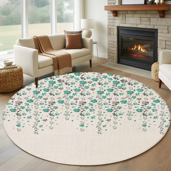 Round Area Rug 5ft Teal Green Floral Circle Kitchen Mats Non-Slip Spring Flowers Washable Round Carpet for Kitchen Living Room Bedroom Home Decor
