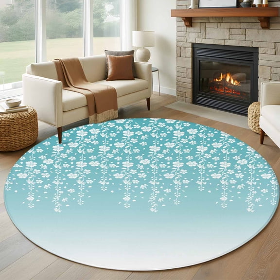 Round Area Rug 5ft Teal Turquoise Ombre Flowers Circle Kitchen Mats Non-Slip Plant Leaves with Floral Washable Round Carpet for Kitchen Living Room Bedroom Home Decor