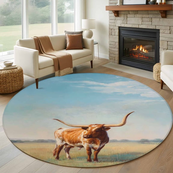 Round Area Rug 5ft Texas Longhorn Grass Sunset Area Rugs Washable Low Pile Floor Carpet for Bedroom, Farmhouse Natural Landscape Non Slip Soft Rugs for Living Room Entryway Dining Room