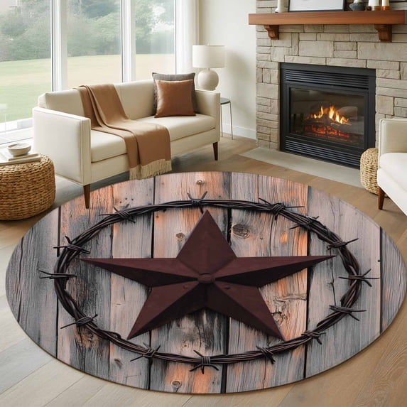 Round Area Rug 5ft, Texas Star Brown Non-slip Area Rugs for Living Room/Bedroom/Bathroom/Kitchen, Farmhouse Country Western Brown Wooden Washable Throw Floor Mat Indoor Outdoor Entrance Doormat