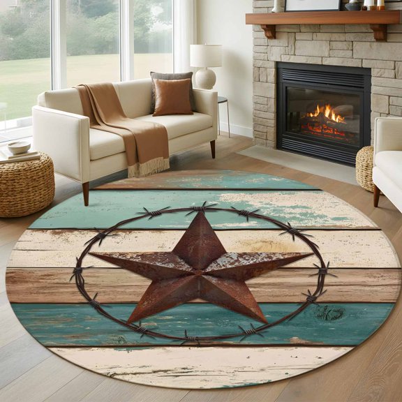 Round Area Rug 5ft Texas Star Retro Board Seamless Area Rugs Washable Low Pile Floor Carpet for Bedroom, Country Wood Grain Non Slip Soft Rugs for Living Room Entryway Dining Room